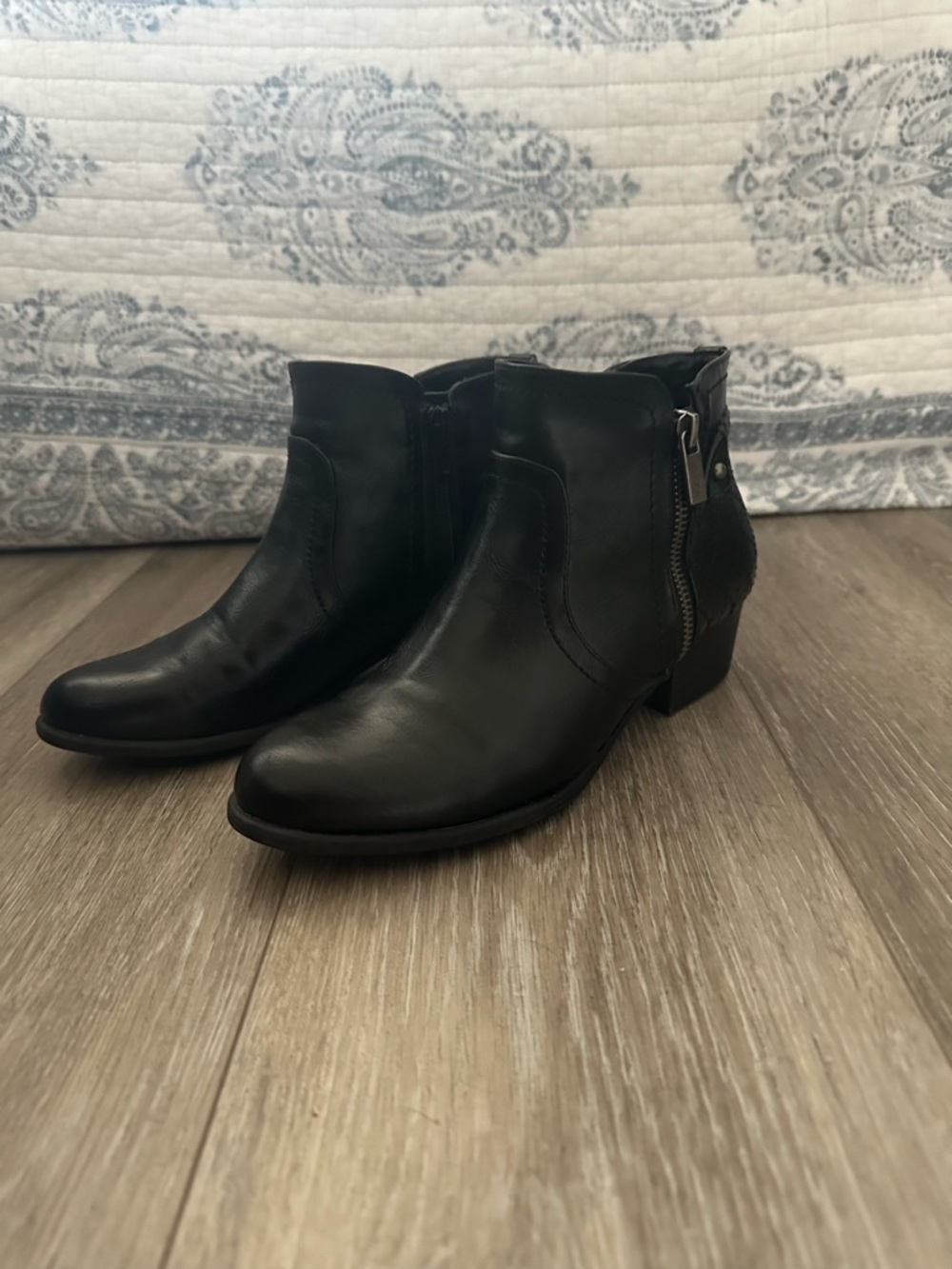 Black Leather Women's Ankle Booties with Side Zip
